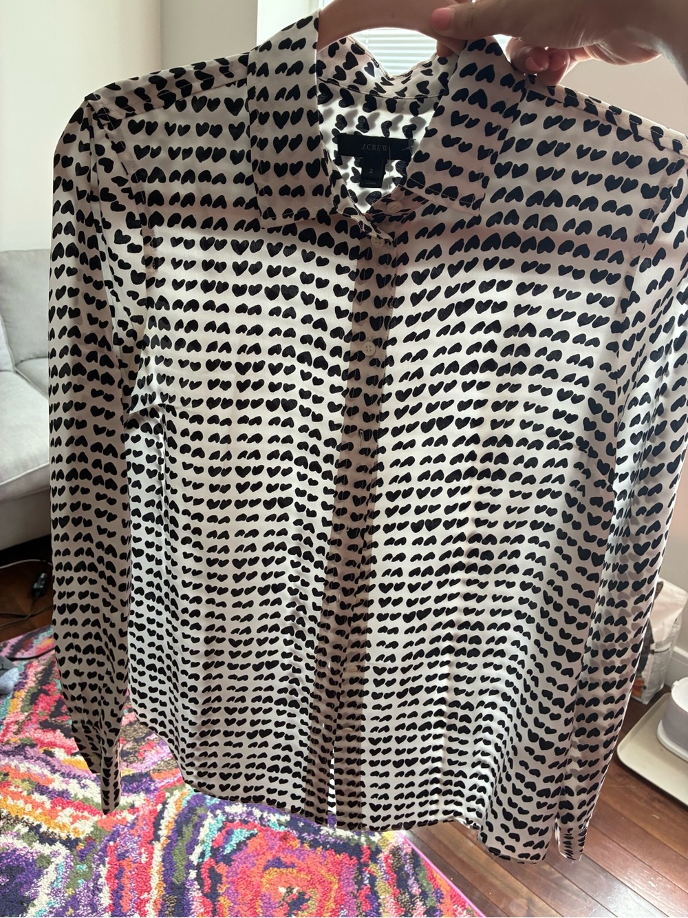 J Crew Silk Black Heart-Print Button-Up Shirt